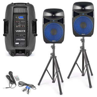Vonyx VPS152A aktivní reproboxy, stojany, USB, SD, MP3, BT, mikrofon, LED, 1000W